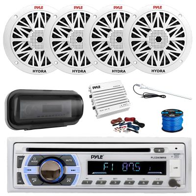 Pyle PLCDBT65 Bluetooth Marine Stereo AM/FM CD Stereo Receiver, Cover, 4-Channel Amplifier w/Kit, 4X 6.5 200 Watt Peak Full Range 2-Way Waterproof Speakers w/Wire, Long Range Radio Antenna