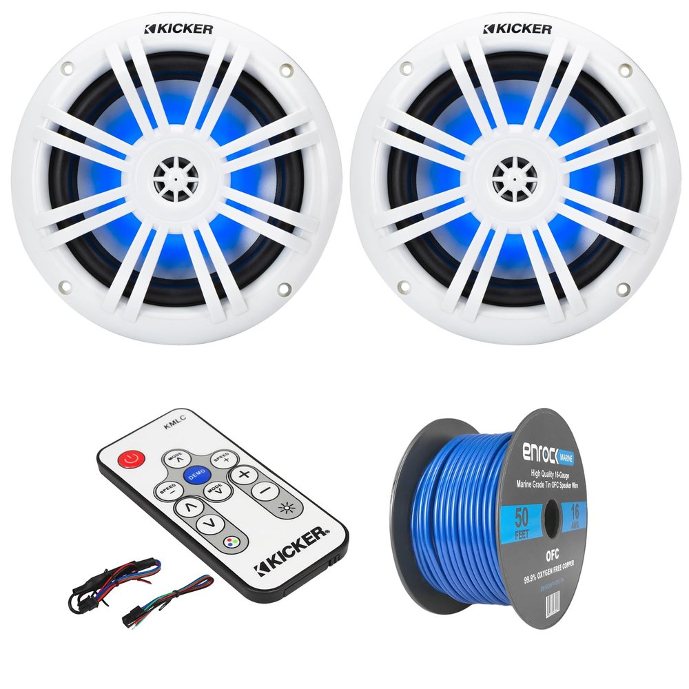 KICKER 51KM604WL KM 6.5" 150 Watts Max Power 4 ohms RGB LED Marine Coaxial Speakers (Pair), Bundle Combo with 50 Feet 16 Gauge Speaker Wire, LED Controller