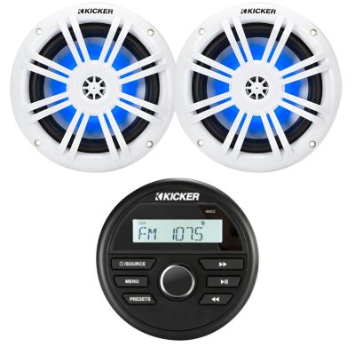 Kicker 46KMC2 All-Weather Marine Bluetooth USB/AUX AM/FM Gauge Style Media Center Receiver Bundle Combo with One Pair (Qty 2) Kicker 51KM604WL KM 6.5" 150W Max Power 4 ohms RGB LED Coaxial Speakers