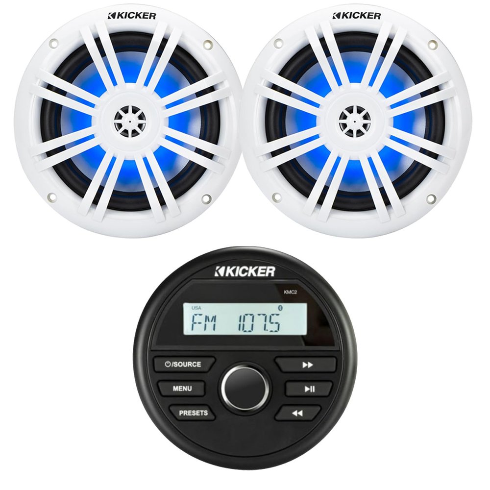 Kicker 46KMC2 All-Weather Marine Bluetooth USB/AUX AM/FM Gauge Style Media Center Receiver Bundle Combo with One Pair (Qty 2) Kicker 51KM604WL KM 6.5" 150W Max Power 4 ohms RGB LED Coaxial Speakers