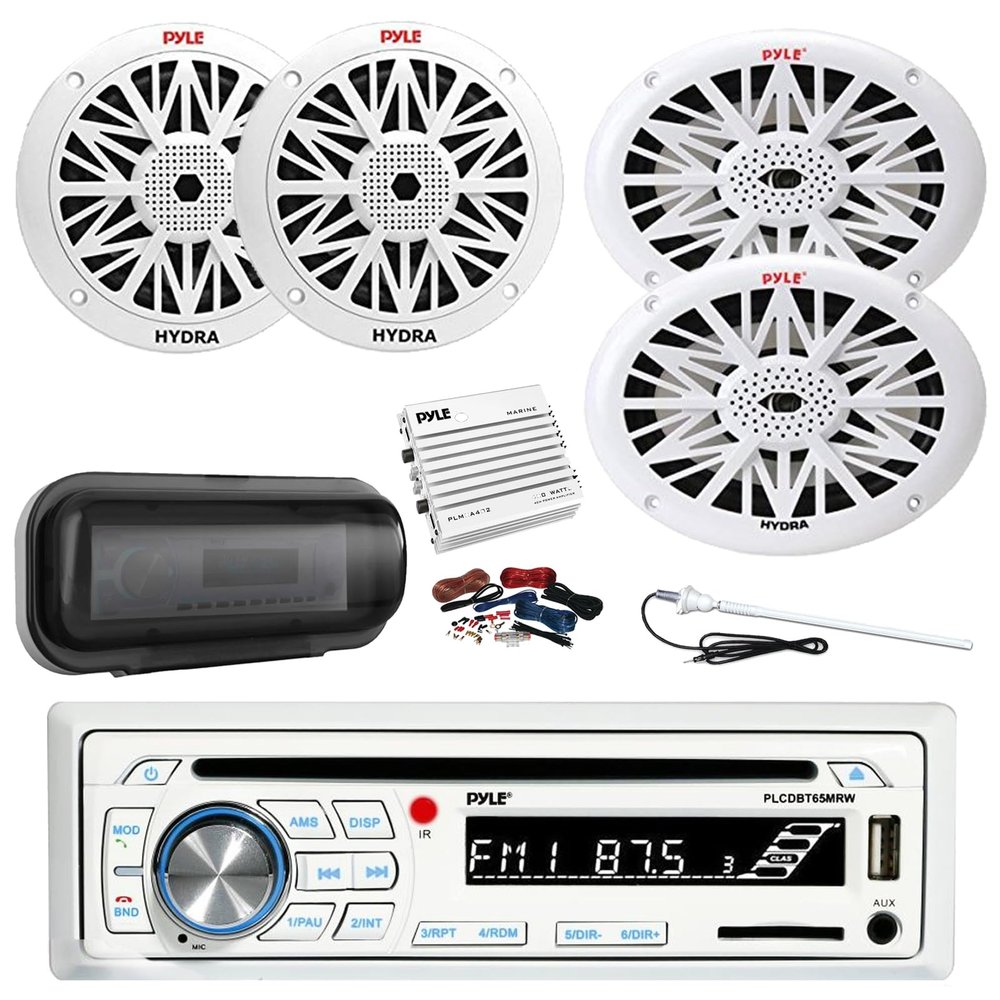 Pyle PLCDBT65 Bluetooth Marine Stereo AM/FM CD Stereo Receiver, Cover, 4-Channel Amplifier w/Kit, 2x 6.5" 200W Full Range 2-Way Waterproof Speakers, 2x 6x9" 260W Outdoor Speakers, Radio Antenna
