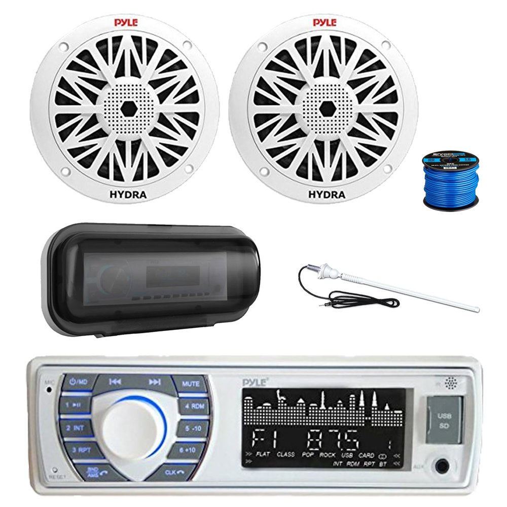 Pyle PLRMR23BTW Single DIN Bluetooth Marine MP3 AM/FM Stereo Receiver, Radio Cover, 2X 6.5 200 Watt Peak Full Range 2-Way Waterproof Audio Speakers w/Wire, Long Range Antenna