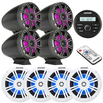Kicker 46KMC2 All-Weather Marine Bluetooth USB/AUX AM/FM Gauge Style Media Center Receiver, 4X 6.5 150W Max RGB LED Boat Speakers, 4X 6.5 195W Max RGB LED Black Tower Speakers w/Grilles, LED Remote