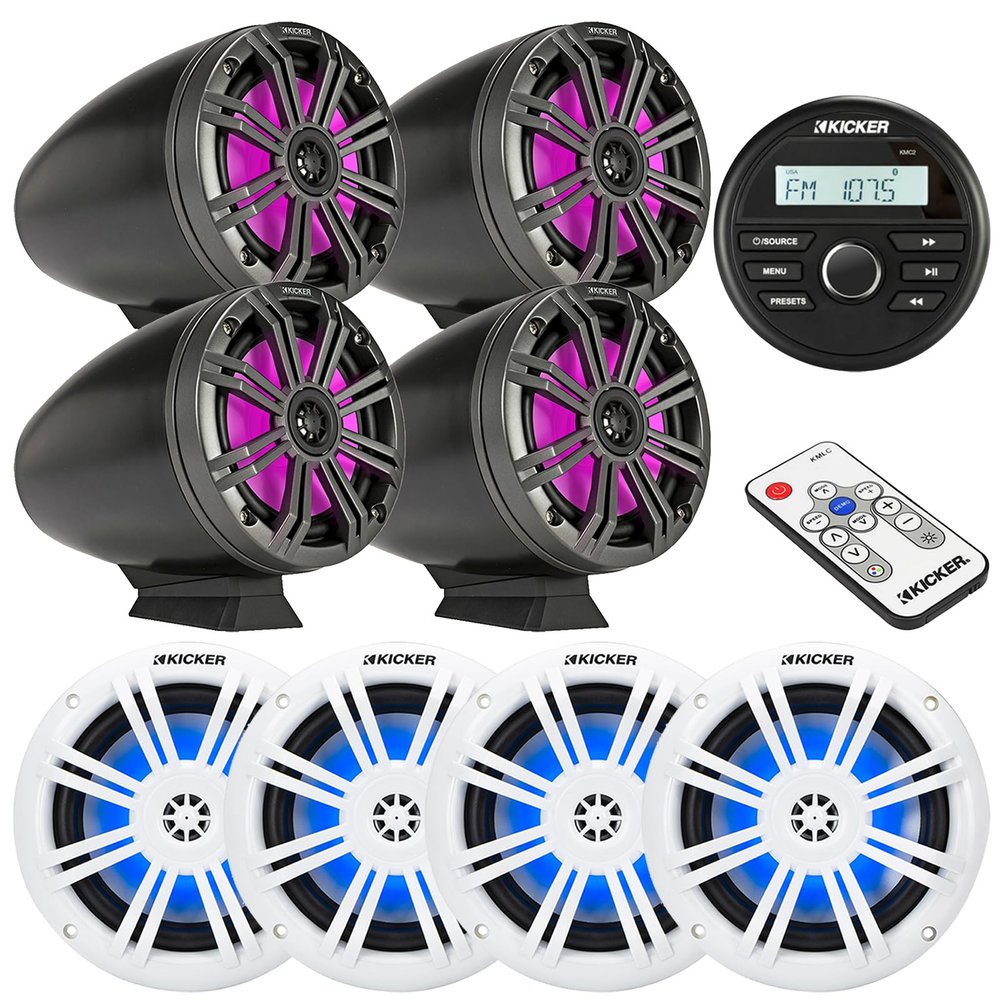 Kicker 46KMC2 All-Weather Marine Bluetooth USB/AUX AM/FM Gauge Style Media Center Receiver, 4X 6.5 150W Max RGB LED Boat Speakers, 4X 6.5 195W Max RGB LED Black Tower Speakers w/Grilles, LED Remote