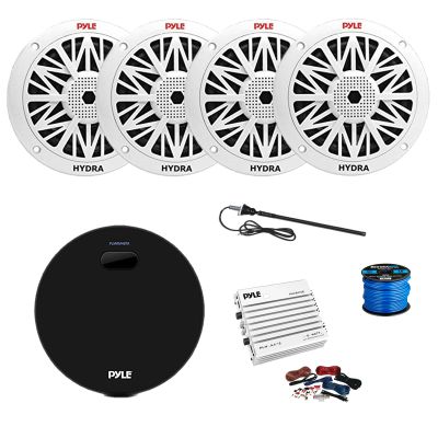 Pyle PLMRM4BTA Gauge Style Marine Bluetooth Receiver, 4-Channel Amplifier w/Kit, 4x 6.5" 200 Watt Peak Full Range 2-Way Waterproof Speakers w/Wire, Long Range Radio Antenna