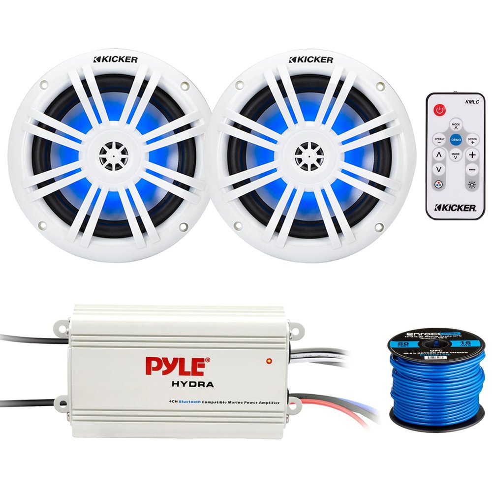 KICKER 51KM604WL KM 6.5" 150 Watts Max Power 4 ohms RGB LED Marine Coaxial Speakers (Pair), LED Controller, 4 Channel Bluetooth Waterproof Power Amplifier, 50 Feet 16 Gauge Speaker Wire