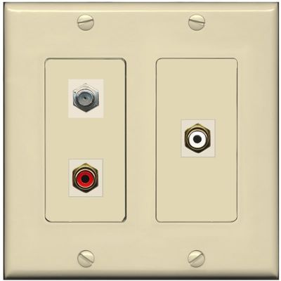 RiteAV 1 Port Coax Cable TV Wall Plate with 2 x RCA (Red+White) Jacks - 2 Gang [Ivory/Ivory]
