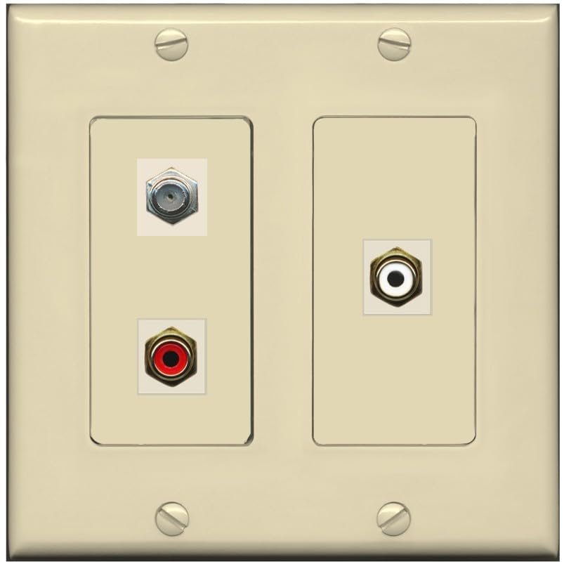 RiteAV 1 Port Coax Cable TV Wall Plate with 2 x RCA (Red+White) Jacks - 2 Gang [Ivory/Ivory]