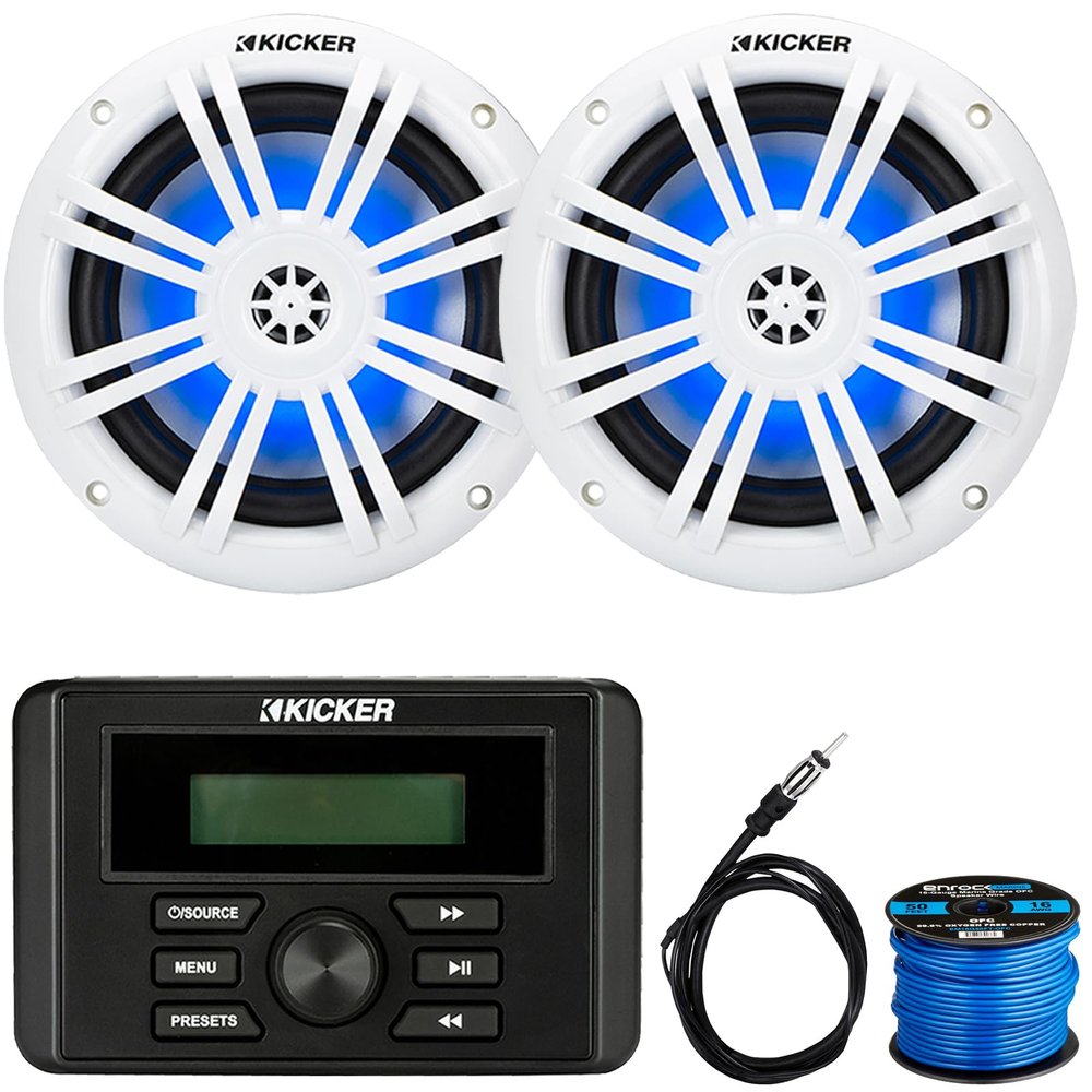 KICKER KMC3 Weather-Resistant Gauge-Style USB AM/FM Bluetooth Digital Media Receiver, 2X 6.5 150 Watts Max Power RGB LED Boat Coaxial Speakers, 22" Radio Antenna, 50 Feet 16 Gauge Speaker Wire