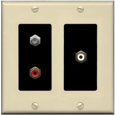 RiteAV 1 Port Coax Cable TV Wall Plate with 2 x RCA (Red+White) Jacks - 2 Gang [Ivory/Black]