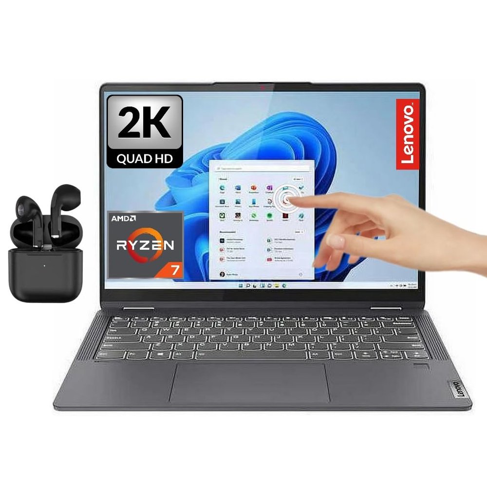 Lenovo Flex 14" 2.2k(2240 x 1400) Touchscreen 2-in-1 Laptop, Wireless Earbuds, AMD 8-Core Ryzen 7, 16GB RAM, 2TB SSD, Backlit, FP Reader, Win11 Home, Business and Fun Ready