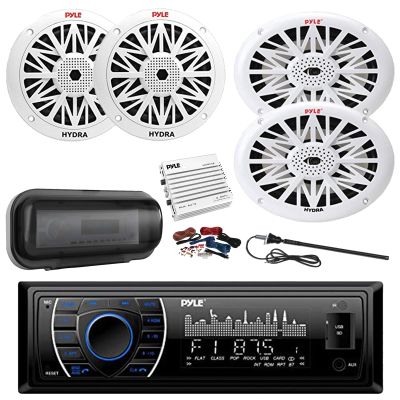 Pyle PLRMR27BTB Marine Bluetooth MP3 Radio Receiver, Cover, 4-Channel Amplifier w/Kit, 2x 6.5" 200W Full Range 2-Way Waterproof Speakers, 2x 6x9" 260W 2-Way Outdoor Speakers, Longe Range Antenna
