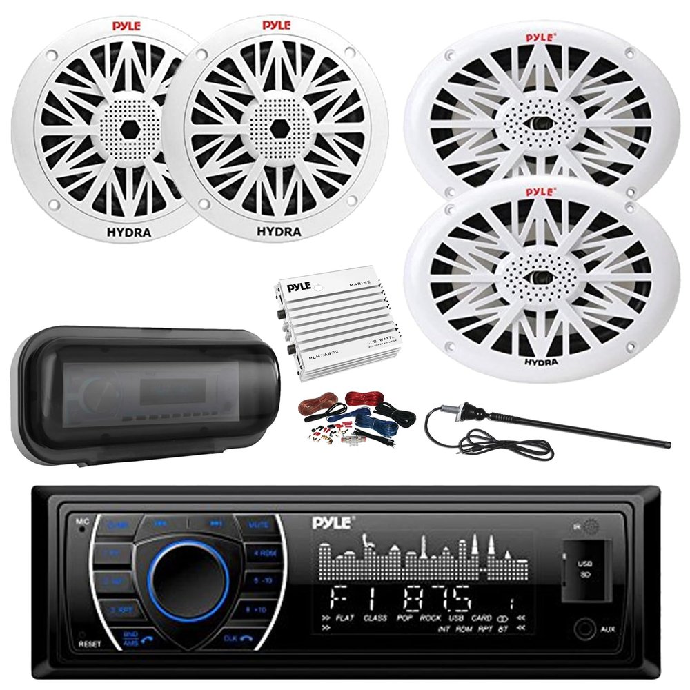 Pyle PLRMR27BTB Marine Bluetooth MP3 Radio Receiver, Cover, 4-Channel Amplifier w/Kit, 2x 6.5" 200W Full Range 2-Way Waterproof Speakers, 2x 6x9" 260W 2-Way Outdoor Speakers, Longe Range Antenna