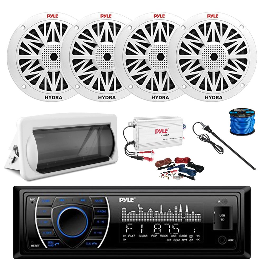 Pyle PLRMR27BTB Marine Bluetooth MP3 Radio Receiver, Slide-Up Cover, 4-Channel Amplifier w/Kit, 4x 6.5" 200 Watt Peak Full Range 2-Way Waterproof Speakers w/Wire, Long Range Radio Antenna