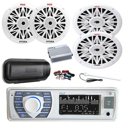 Pyle PLRMR23BTW Single DIN Bluetooth Marine MP3 AM/FM Stereo Receiver, Cover, 4-Channel Amplifier w/Kit, 2X 6.5 200W Full Range 2-Way Waterproof Speakers, 2X 6x9 260W Outdoor Speakers, Antenna