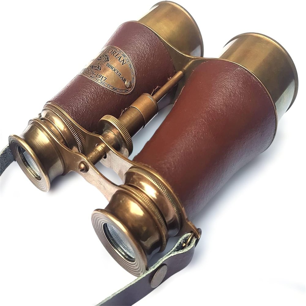 6-Inch Antique Solid Brass Binocular with Brown Leather and Adjustable Strap Nautical Vintage Design for Travel, Bird Watching & Collectors,