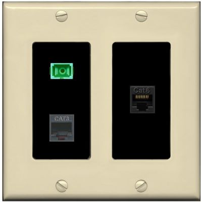 RiteAV 1 Port SC APC Simplex Phone and Cat6 Ethernet Wall Plate - 2 Gang [Ivory/Black]