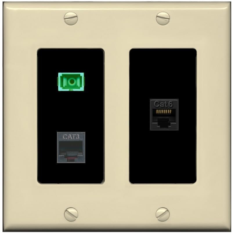 RiteAV 1 Port SC APC Simplex Phone and Cat6 Ethernet Wall Plate - 2 Gang [Ivory/Black]