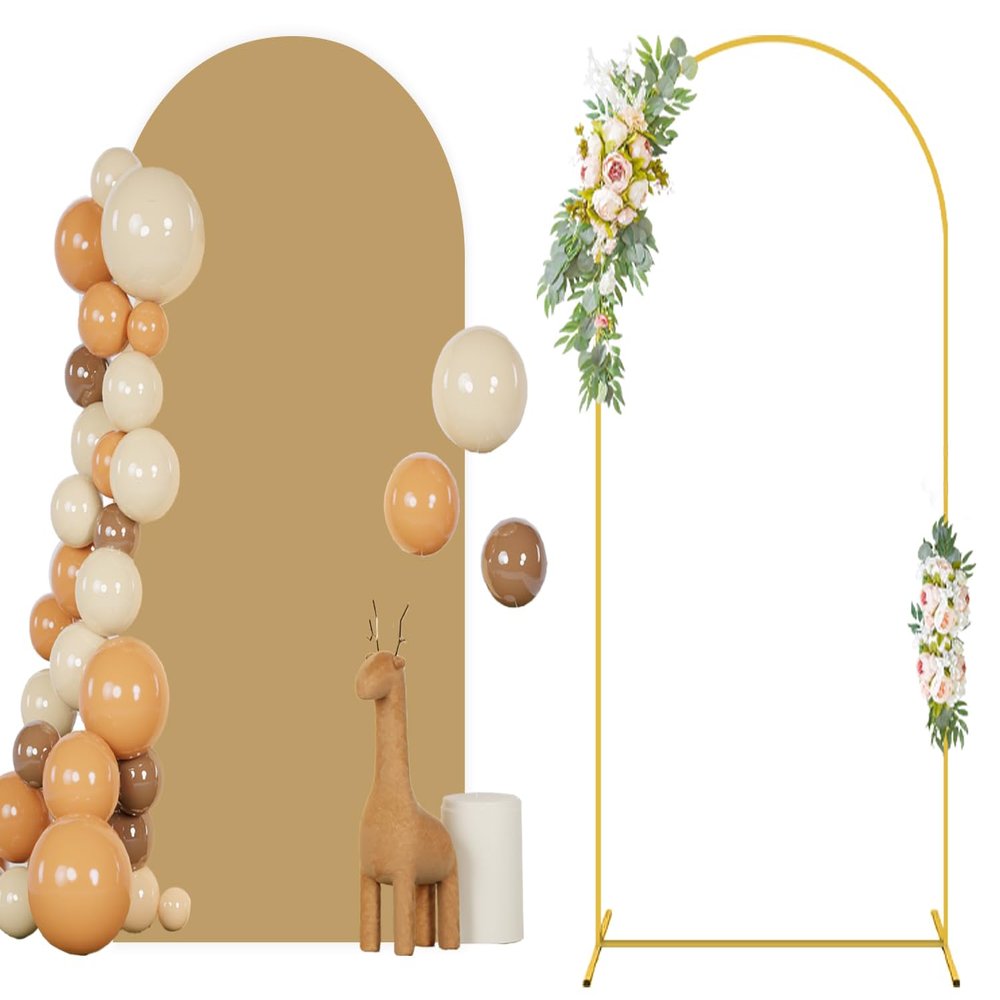 FANPROMS 7.2FT Wedding Arch Stand and Khaki Arch Cover Backdrop Fabric Metal Arch Backdrop Stand with Cover Set Spandex Fitted Brown Backdrops Covers for Birthday Party Ceremony Banquet Decorations