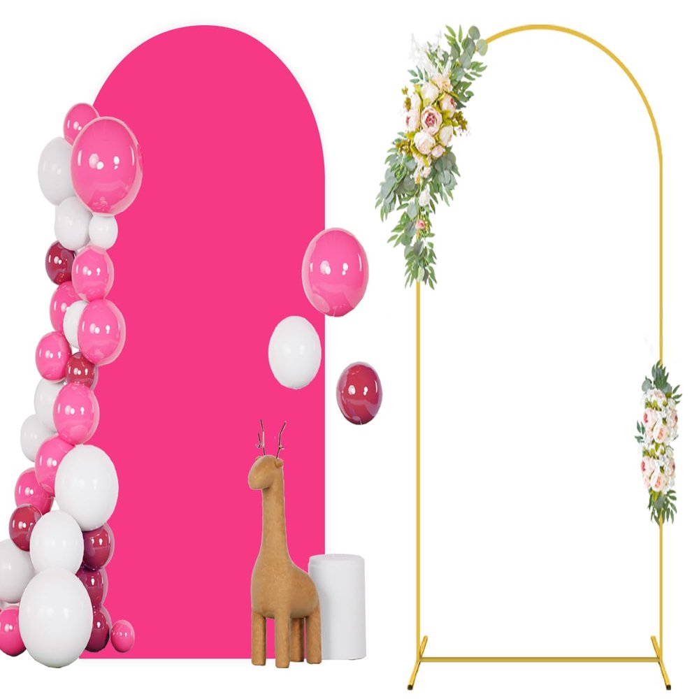 FANPROMS Metal Arch Backdrop Stand and Arch Cover 7.2FT Wedding Arch Stand with Hot Pink Backdrop Cover 2 Sides Spandex Fitted Arched Stands with Covers Set for Bridal Shower Banquet Decorations