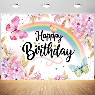 10x8ft Happy Birthday Backdrop Butterfly Flowers Photography Background Girls Birthday Party Cake Table Banner Decorations Portraits Supplies Photo Studio Props