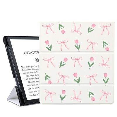 AdorableWhimsy Cute Bow Tulip for Kindle Scribe 10.2 inch Case 2024/2022 Release PU Textured Leather Slim Multiple Angles Stand Smart Foldable Cover with Auto Wake/Sleep for Kindle Scribe 10.2"
