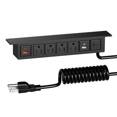 QBA Under Desk Power Strip with USB-C 20W, Desk Mount Outlet with 5FT Spring Cord, 4 AC Outlets, 4 USB Ports, for Conference Furniture Cabinet, ETL Listed