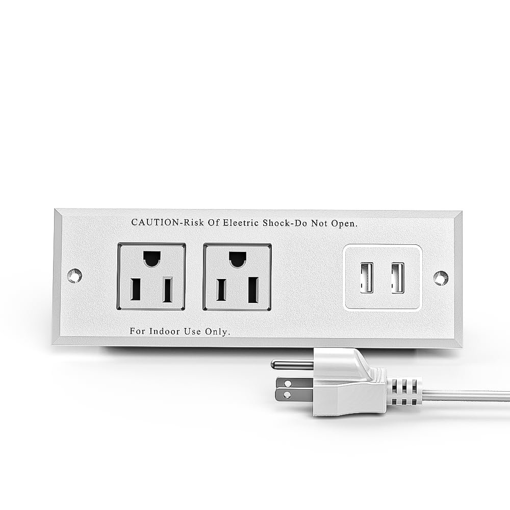 1500W Recessed Power Strip Mount Hidden Charging Station with USB Plug Multiple Surge Protector Outlet Extender with Extension Cord for Nightstand Furniture Bed Conference Table (White)