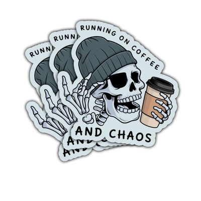 3Pcs Running On Coffee and Chaos Sticker Mental Health Funny Skeleton Cafe Sticker Gift Running On Coffee and Chaos Waterproof Stickers Car Decal for Laptop Water Bottle Toolbox Phone Case 3"