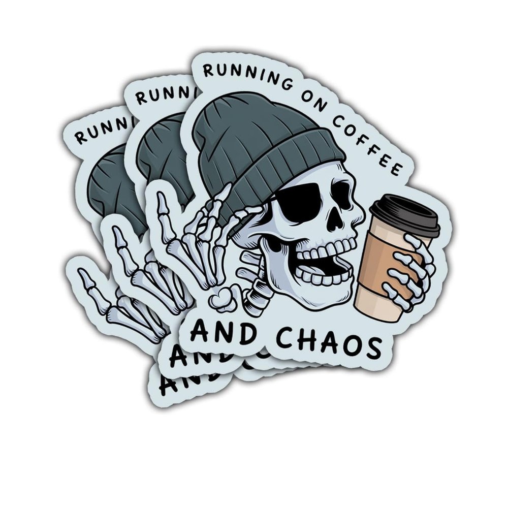 3Pcs Running On Coffee and Chaos Sticker Mental Health Funny Skeleton Cafe Sticker Gift Running On Coffee and Chaos Waterproof Stickers Car Decal for Laptop Water Bottle Toolbox Phone Case 3"