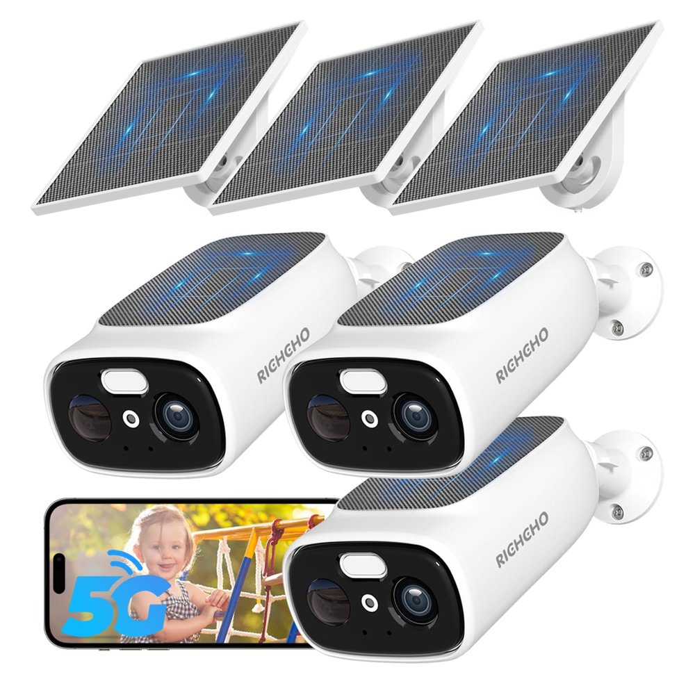 3pc 2.4G/5G WiFi Cameras for Home Security with Double Solar Panels, 2K Solar Security Cameras Wireless Outdoor, Color Night Vision , 2-Way Talk, Spotlight, Siren,IP66, Cloud/SD, AI Detection, W/Alexa