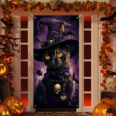 Halloween Door Cover, Scary Black Cat Spiders Bats Skulls Front Porch Sign Banner, Gothic Halloween Decoration and Supplies for Home - 7236 in