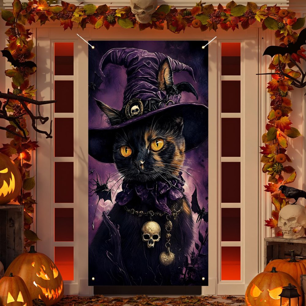 Halloween Door Cover, Scary Black Cat Spiders Bats Skulls Front Porch Sign Banner, Gothic Halloween Decoration and Supplies for Home - 7236 in