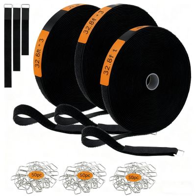 3PCS 32.8ft Hook and Loop Tape Nylon Fastening Cable Straps Freely Cuttable Securing Cord Ties with 50Pcs Metal Buckles Strong Load Bearing Heavy Duty Adhesive Tape Firm Bonding for DIY