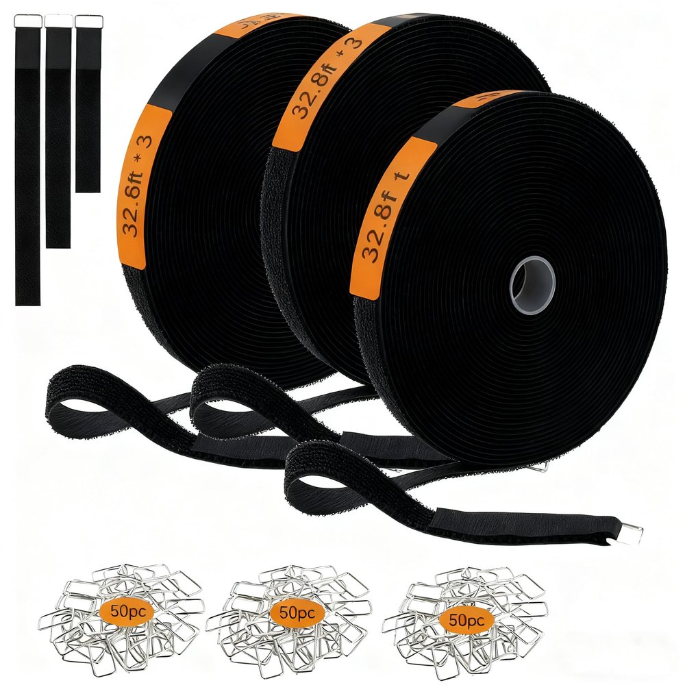 3PCS 32.8ft Hook and Loop Tape Nylon Fastening Cable Straps Freely Cuttable Securing Cord Ties with 50Pcs Metal Buckles Strong Load Bearing Heavy Duty Adhesive Tape Firm Bonding for DIY