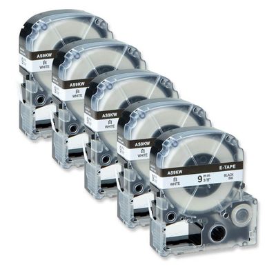 5PK Compatible Label Tape for 9mm AS9KW/LA-3WBN Standard Black On White Designed for LW-400 LW-300 LW-700 LW600P K200BL Label Printers