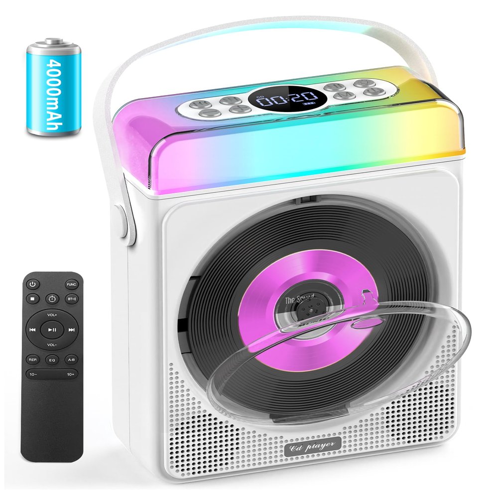 Portable CD Player with Bluetooth & RGB Lights, 4000mAh Rechargeable Personal CD Player with Speakers & Remote, Bass Boost, USB/TF/AUX Support, Portable Bluetooth CD Player for Home/Outdoor Use (White