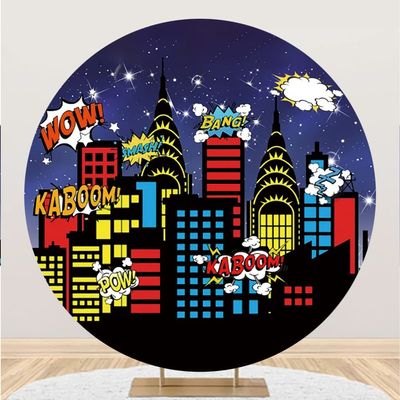 Yeele 7.5x7.5ft City Night Superhero Round Backdrop Sparkling Starry Sky Urban Skyscraper Skyline Photography Background for Kids Superhero Theme Baby Shower Birthday Party Supplies Decor Polyester