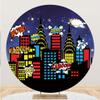 Yeele 7.5x7.5ft City Night Superhero Round Backdrop Sparkling Starry Sky Urban Skyscraper Skyline Photography Background for Kids Superhero Theme Baby Shower Birthday Party Supplies Decor Polyester view 1