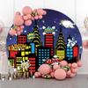 Yeele 7.5x7.5ft City Night Superhero Round Backdrop Sparkling Starry Sky Urban Skyscraper Skyline Photography Background for Kids Superhero Theme Baby Shower Birthday Party Supplies Decor Polyester view 2