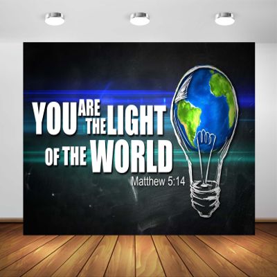 BELECO 8x8ft Fabric You are The Light of The World Backdrop Light Bulb Matthew 5:14 Background for Theme Party Decorations Banner Birthday Photoshoot Studio Props