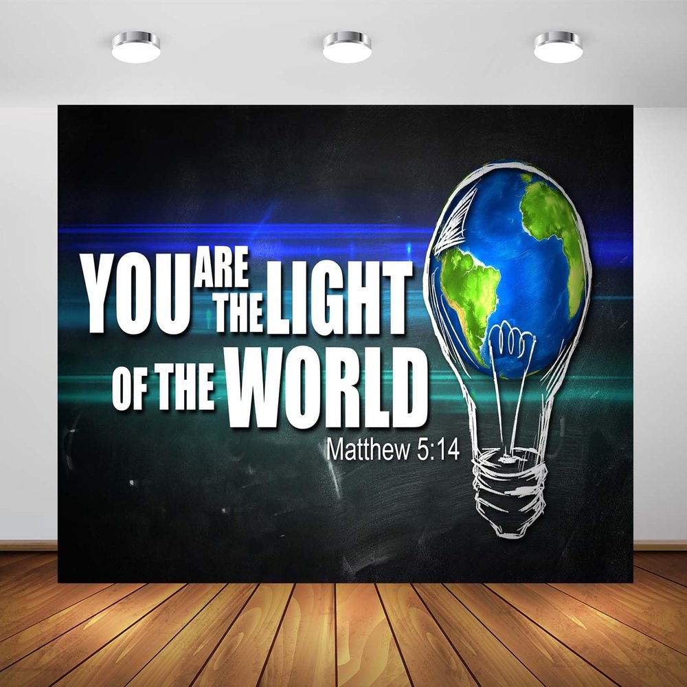BELECO 8x8ft Fabric You are The Light of The World Backdrop Light Bulb Matthew 5:14 Background for Theme Party Decorations Banner Birthday Photoshoot Studio Props