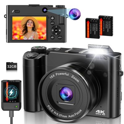 4K Digital Camera for Photography and Vlogging, 64MP Compact Autofocus YouTube Video Camera with Dual Lens 3" IPS Selfie Anti-Shake, 16X Zoom, Flash, 32GB Card, 2 Batteries, Teens & Beginners, Black