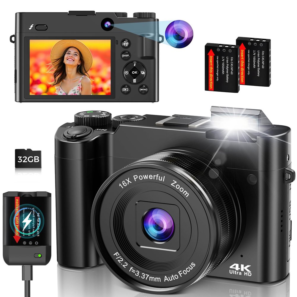 4K Digital Camera for Photography and Vlogging, 64MP Compact Autofocus YouTube Video Camera with Dual Lens 3" IPS Selfie Anti-Shake, 16X Zoom, Flash, 32GB Card, 2 Batteries, Teens & Beginners, Black