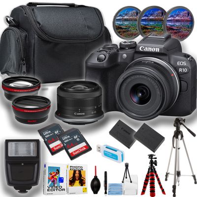 Canon EOS R10 Mirrorless Camera w/18-45mm Lens + 2X 64GB Ultra Memory Card + Camera Case + More (22pc Bundle) (Renewed)