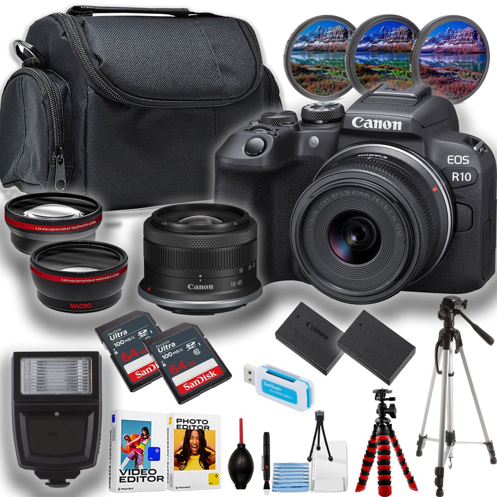 Canon EOS R10 Mirrorless Camera w/18-45mm Lens + 2X 64GB Ultra Memory Card + Camera Case + More (22pc Bundle) (Renewed)
