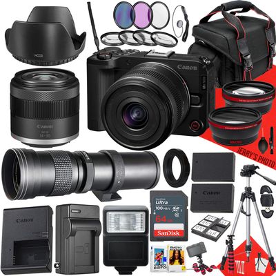 Canon EOS R50 V Mirrorless Camera with RF-S 14-30mm f/4-6.3 is STM PZ and 420-800mm f/8.3 HD Telephoto Zoom Lens + 64 GB Memory + Filters + Tripod + More (30pc Bundle) (Renewed)