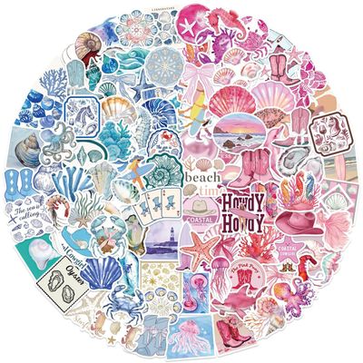 100PCS Pink & Blue Coastal Girl Stickers, Waterproof Vinyl Sea Life Decals, Ocean Beach Aesthetic Stickers for Laptop Water Bottle Journal, Cute Marine Animal & Shell Designs
