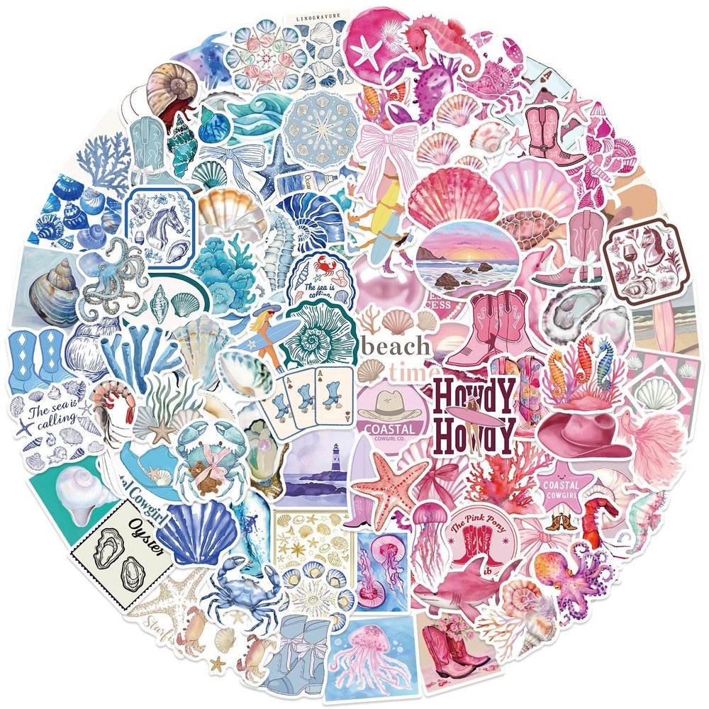 100PCS Pink & Blue Coastal Girl Stickers, Waterproof Vinyl Sea Life Decals, Ocean Beach Aesthetic Stickers for Laptop Water Bottle Journal, Cute Marine Animal & Shell Designs