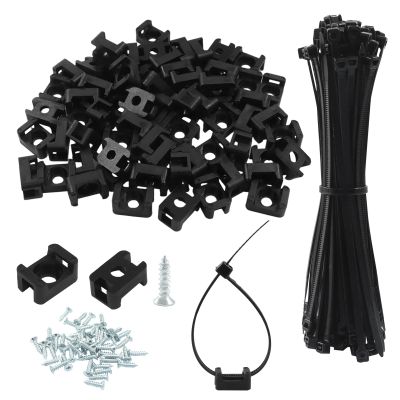 100 PCS Cable Tie Mounts with 100 Cable Ties & Screws(Total 300 PCS), 6 Inch Saddle Type Nylon Zip Tie Base Kit, Wire Management Clips for Baseboard, Wall, Desk (Black)